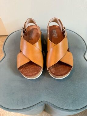 PIKOLINOS Cognac Leather Crisscross Wedge Sandals
